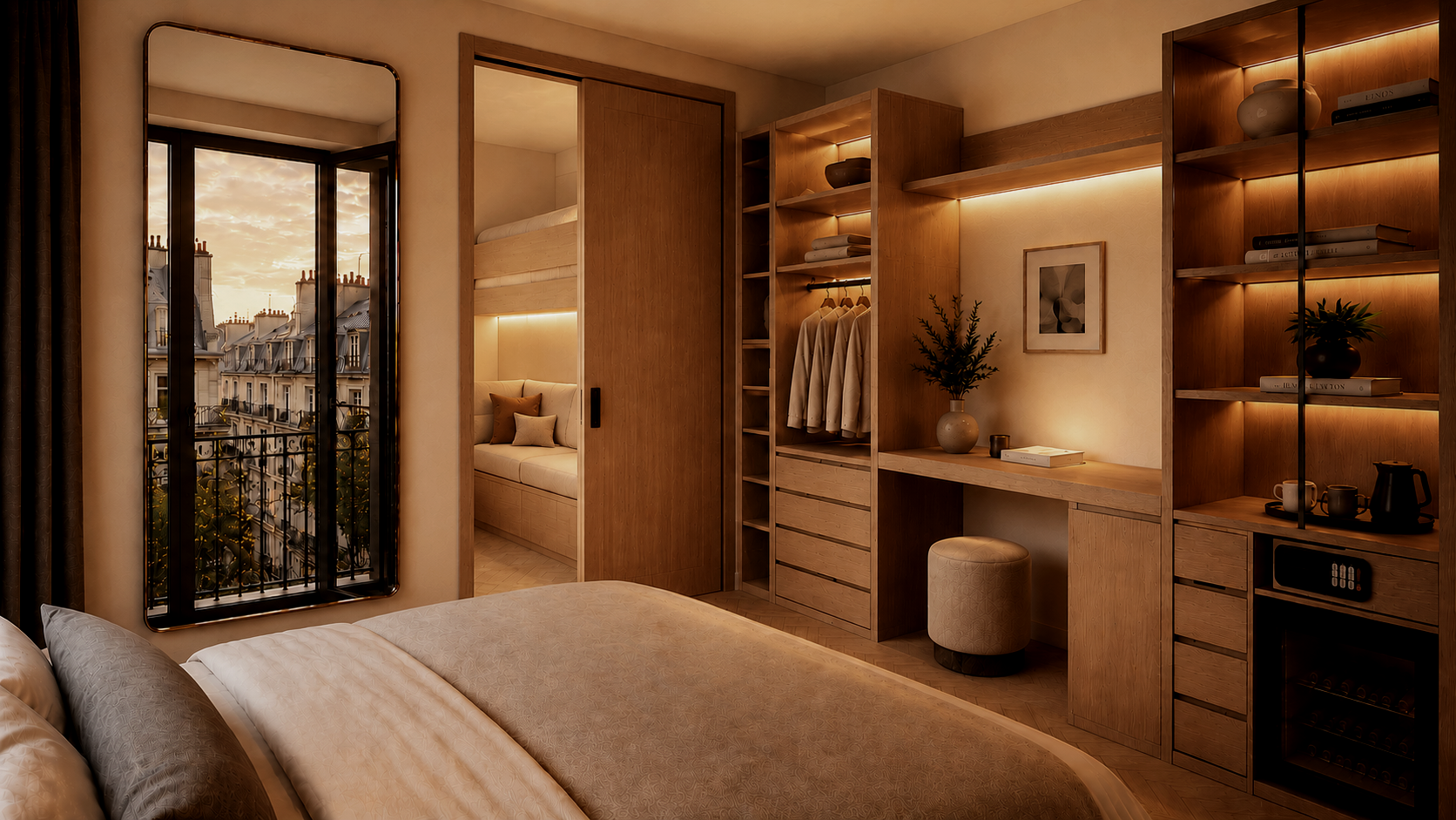 Full room with wardrobe and Paris view